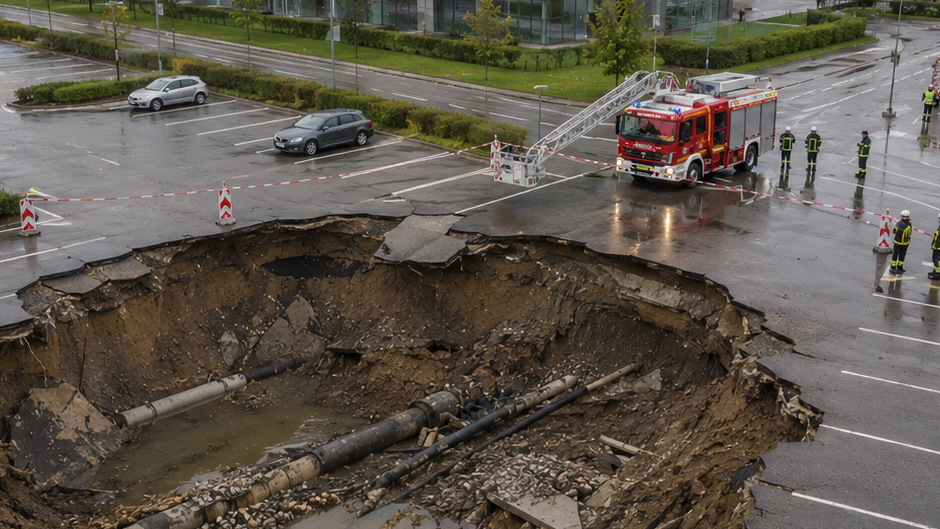 Riesiges Loch im Asphalt auf einem Parkplatz mit Einsatzfahrzeug und Einsatzkräften