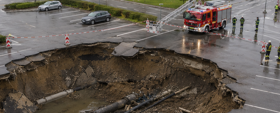 Riesiges Loch im Asphalt auf einem Parkplatz mit Einsatzfahrzeug und Einsatzkräften