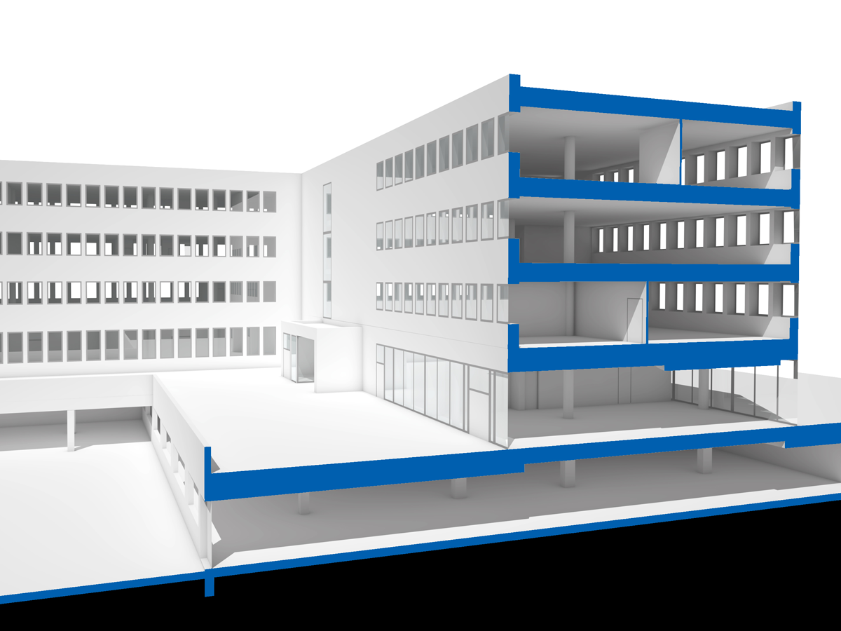 3D-Modell eines weißen Mehrgeschossgebäudes mit blauen Akzenten; Innenbereiche mit Säulen und mehreren offenen Etagen sichtbar.