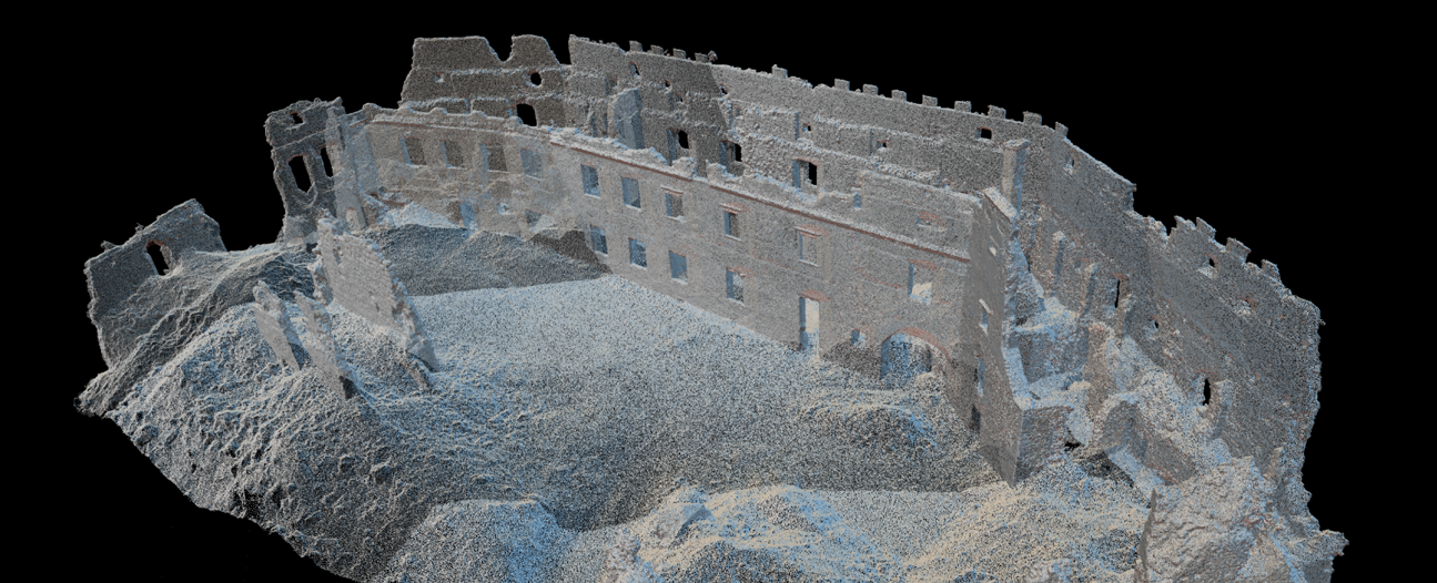 Punktwolke der Burg Starhemberg mit Fenstern und Türöffnungen, vor schwarzem Hintergrund.