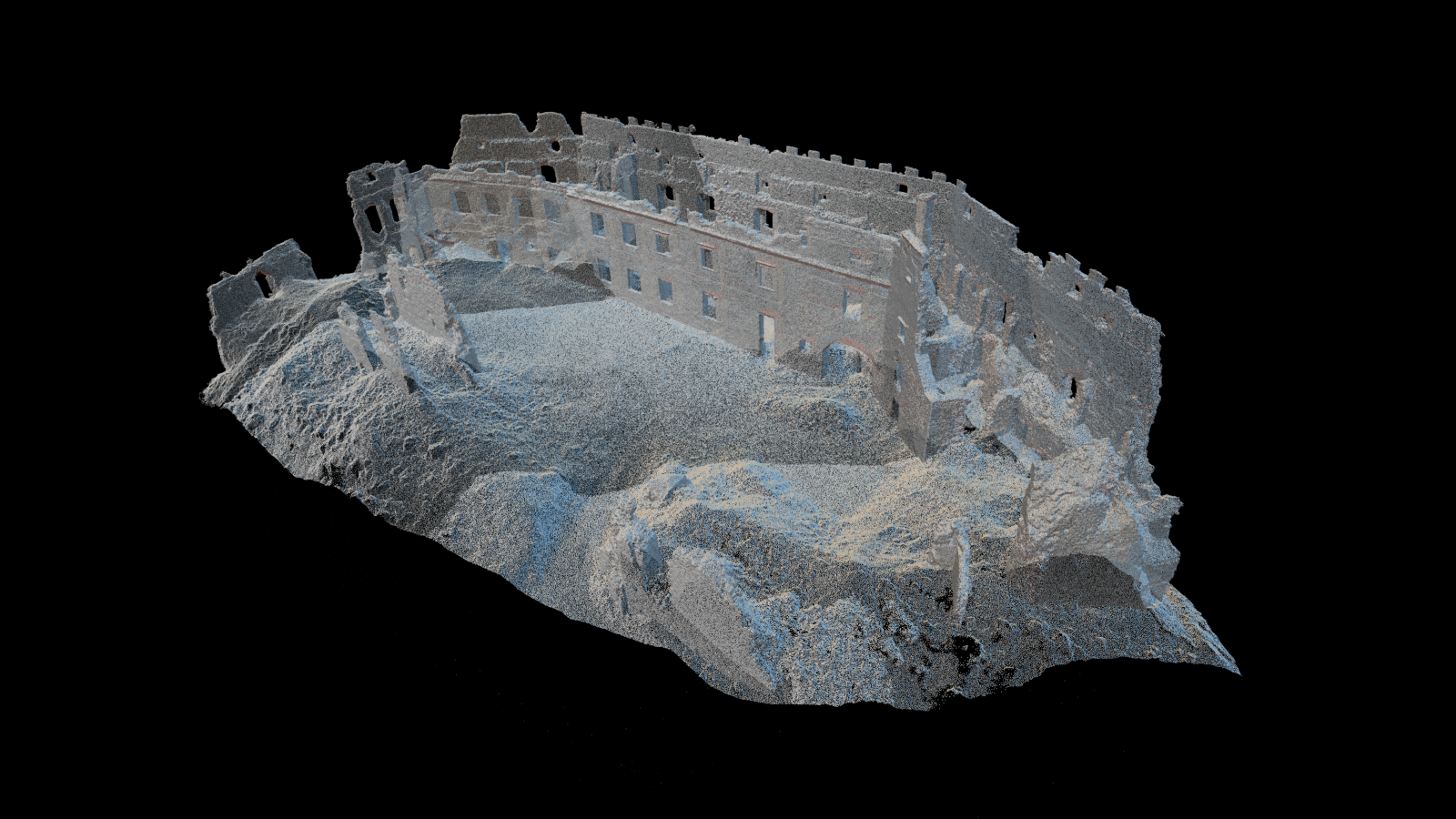 Punktwolke der Burgruine Starhemberg und zerfallene Mauern mit Fenstern, graue/bläuliche Steine, schwarzer Hintergrund.