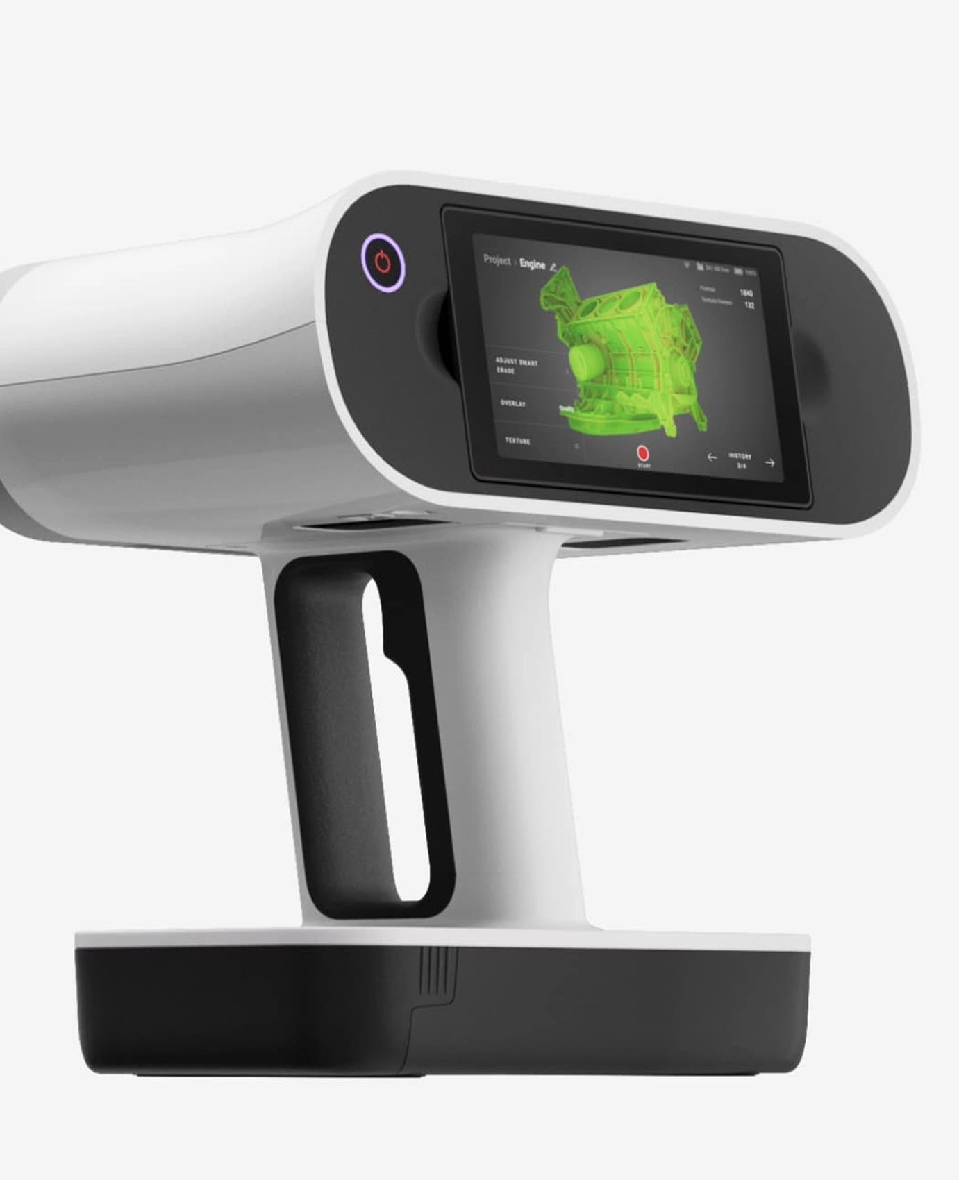 Tragbarer weißer 3D-Scanner mit schwarzer Displayeinheit; auf dem Display ein grünes 3D-Modell eines Motors.