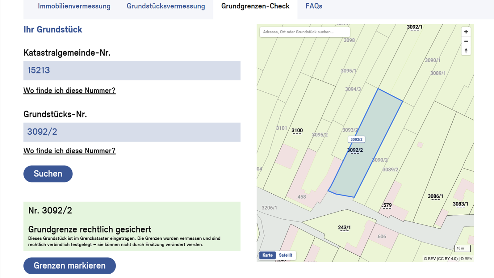 Grundstücksdaten: Katastergemeinde-Nr. 15213, Grundst.-Nr. 3092/2; Karte rechts zeigt blau umrissenes Flurstück 3092/2.
